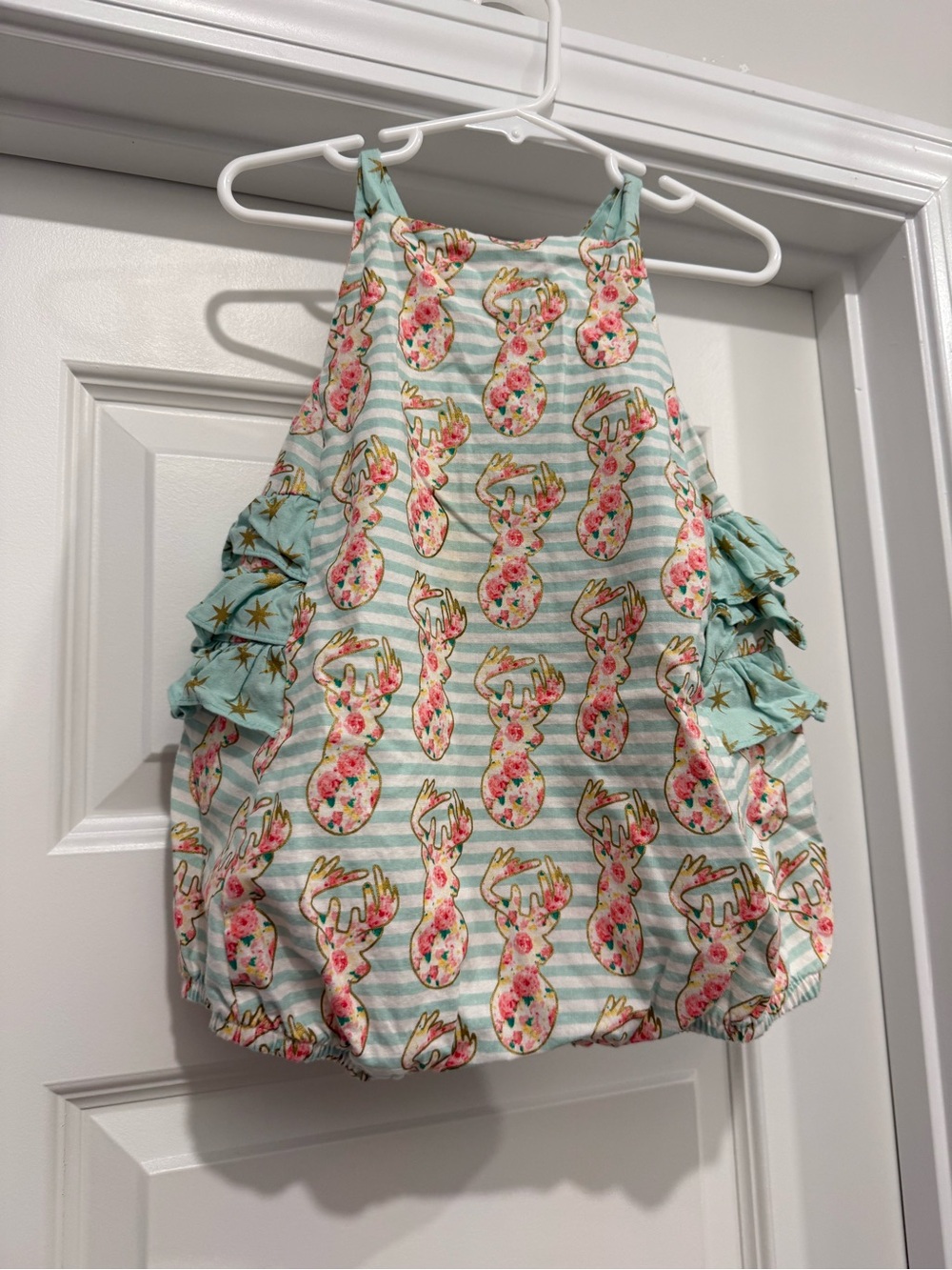 Riccac & Ruffles Mint Striped Bubble Romper with Pink Floral Deer